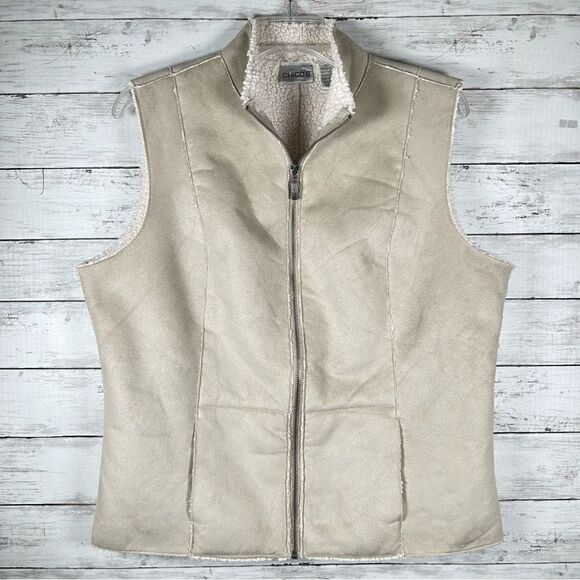 Chico's Sherpa Faux Suede Ecru Vest Zip Front Pockets 2 L/ 12-14 - Picture 2 of 8
